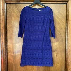 Eliza J Size 4 Crochet 3/4 Sleeve Dress Lined Blue Shift A-Line Eyelet Zipper